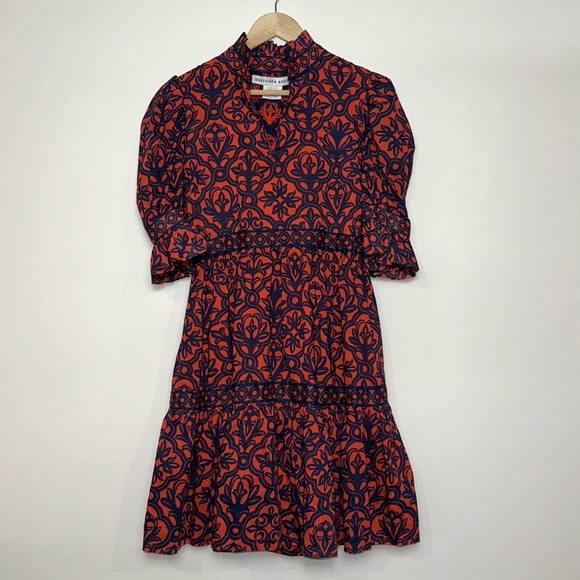 GRETCHEN SCOTT Cotton Teardrop Dress in Wall of Secrets Print Navy/Tomato - Picture 5 of 12